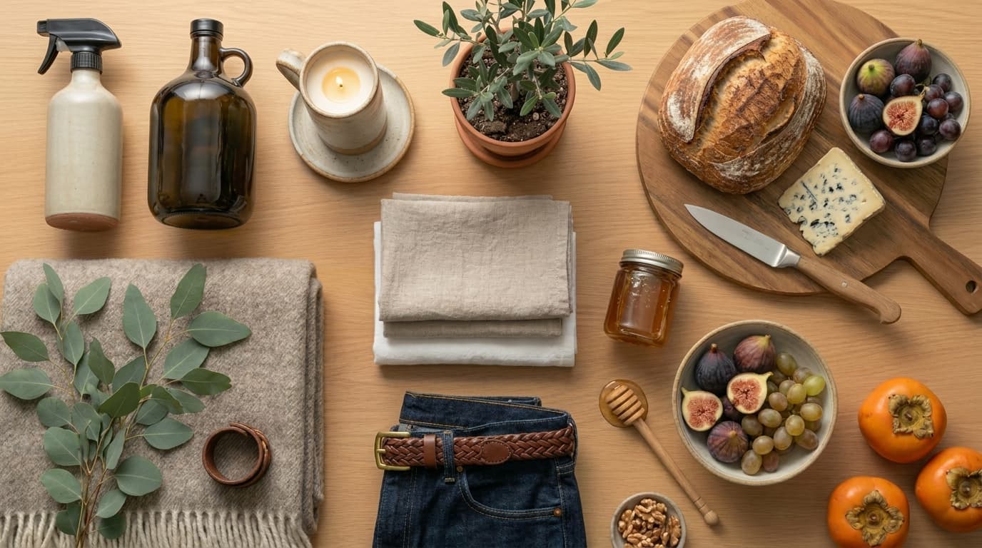 Produkter klare for testing — mat, drikke og forbruksvarer på et bord