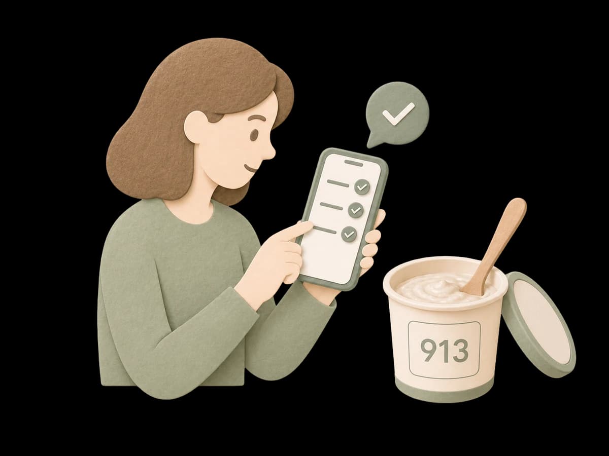 Paper-cut illustrasjon av en person som svarer på en test på mobilen, med produktprøve merket 204 ved siden av