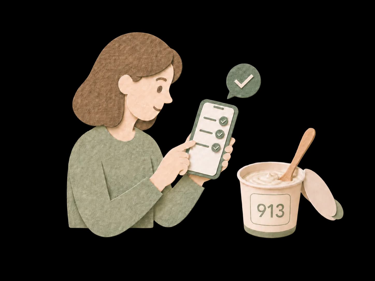 Paper-cut illustrasjon av en person som svarer på en test på mobilen, med produktprøve merket 204 ved siden av